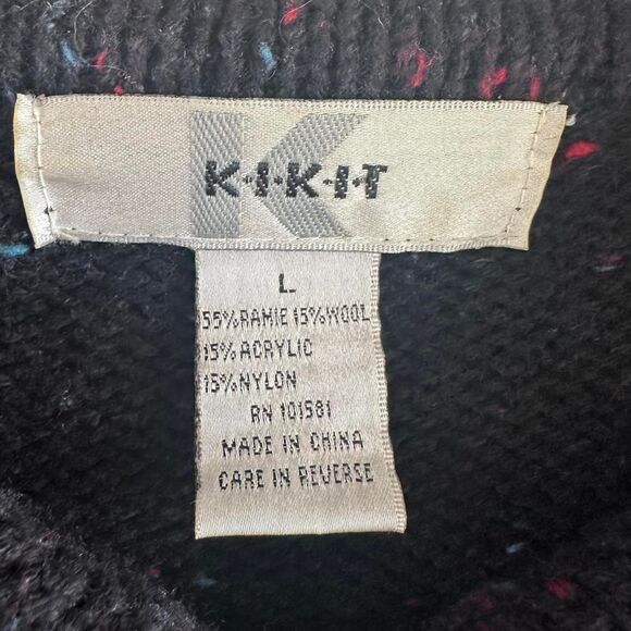 Vtg 90s KIKIT Black Specked Wool Blend Longline Cable Knit Sweater Coat L Twee - Picture 3 of 4